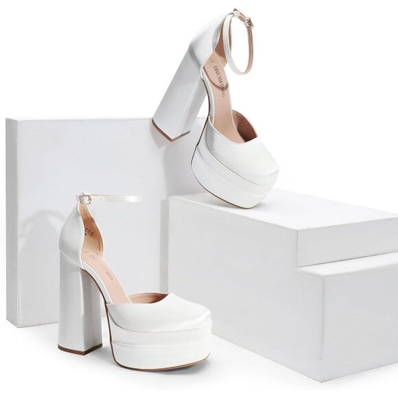 Dream Pairs Women White-satin Faux Leather Closed Toe Chunky High Heels Platform - Picture 4 of 7